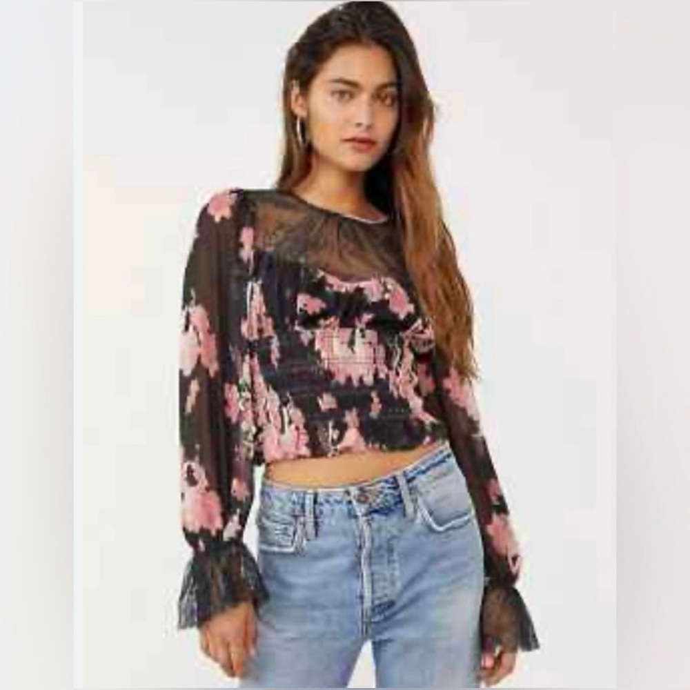 Free People Black Pink Floral Sheer Lace Bell Sleeve Y2K Romantic Grunge Top Sm